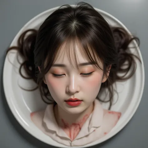   place the head of a decapitated woman , Asia,  Less blood stains   , ((  Close Your Eyes )),   like a dish on a plate  , Bloody,  actual , 4K, Nikon, fear