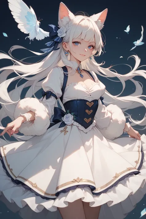  with white hair in a fluffy dress。Please refer to the image。Please don't be erotic。