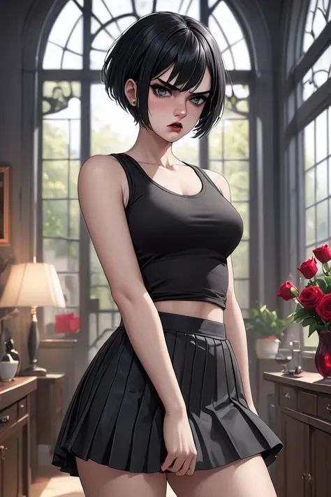 (masterpiece, best quality, 8k, high definition), whole body, 1 woman, black pixie cut, mid-chest, dark grey eyes, soft lips, beautiful face, wearing a black tanktop and tight black skirt, natural light, detailed background, Detailed Illustration Art, woma...