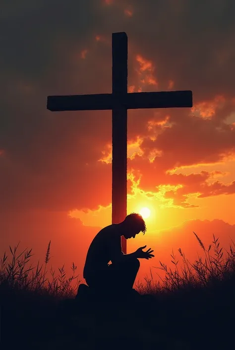 Create a poster showing a person kneeling in prayer in front of a cross during a dark sunset, with the person's face and appearance depicted as a shadow