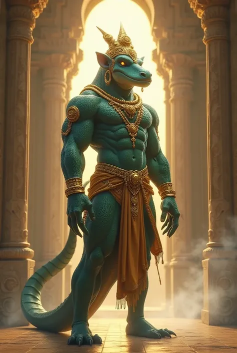 Here is a detailed AI video generation prompt based on the image:  

**"Create a majestic and mythical scene featuring Makardhwaja, the son of Hanuman, in an ancient palace with grand pillars and soft golden lighting. He stands tall and powerful, his physi...