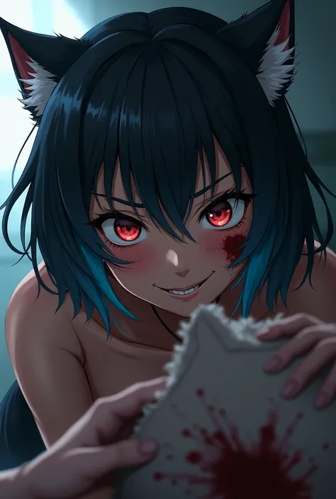  Dark-skinned girl,  short black hair ,Cyan locks ,  with wolf ears and tail, yelling,happy,  assassin, psychopath, blushing ,Yandere,  bled , touching his face,anime, My Hero Academia 