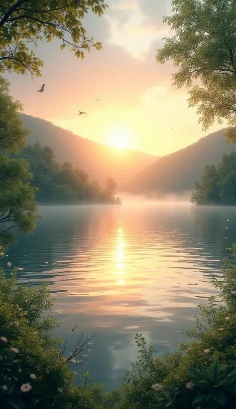 Sunrise over a serene lake with gentle ripples.