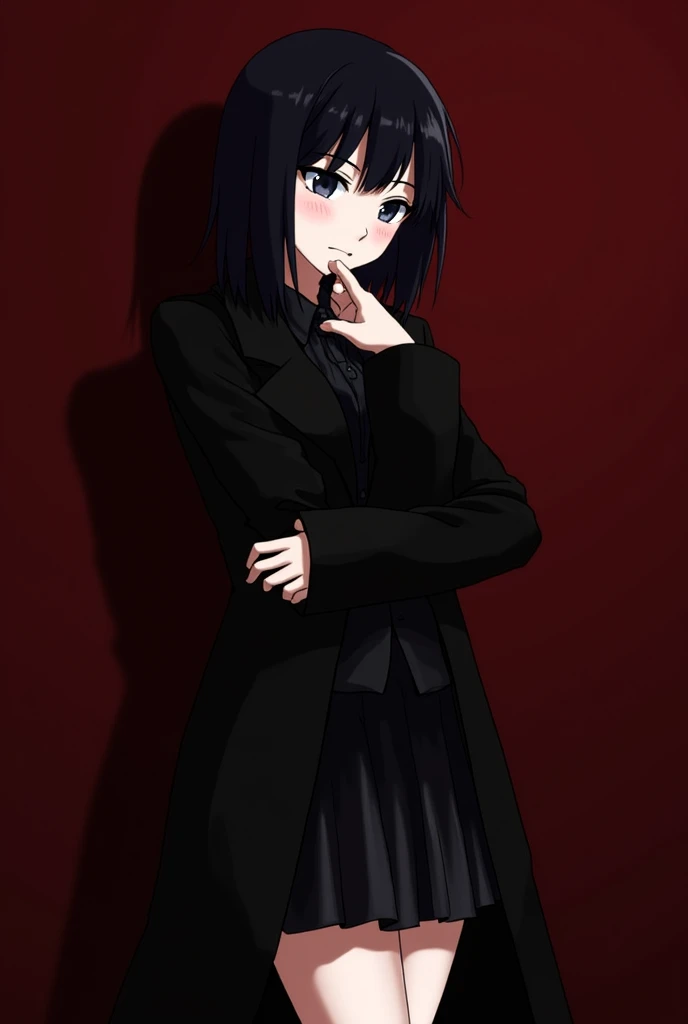  high quality masterpiece :1.9)  source _anime, Women, gothic style, with skirt,  black coat , gothic clothing, serious look,  looking away from the camera ,  leaning against the wall ,  looking away , one hand on the chin, the other arm surrounding his to...