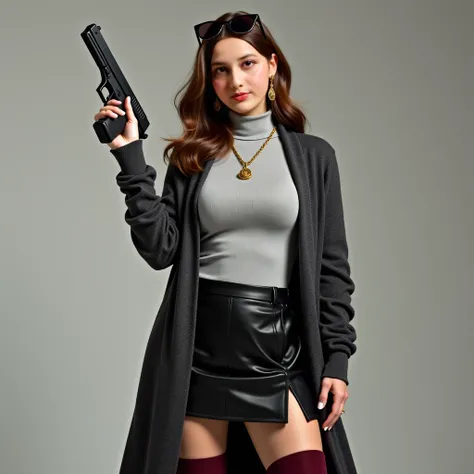 Beautiful woman with large breasts wearing a light gray turtleneck,  long oversize cardigan to the eye of a dark gray color, Short wrap skirt of black color, dan thigh-high boots warna maroon, wear earrings and a long gold pendant necklace, holding a gun f...