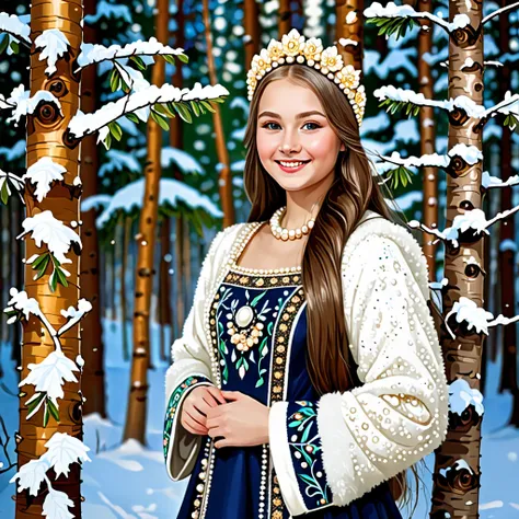 (background):winter. winter forest:  snow-covered birch trees and spruce trees  . (foreground): young smiling girl decorated in a gorgeous pearl kokoshnik beads in Russian  style. ((  clothes  )):((Russian  style1,8)): dark blue dress embroidered with fanc...