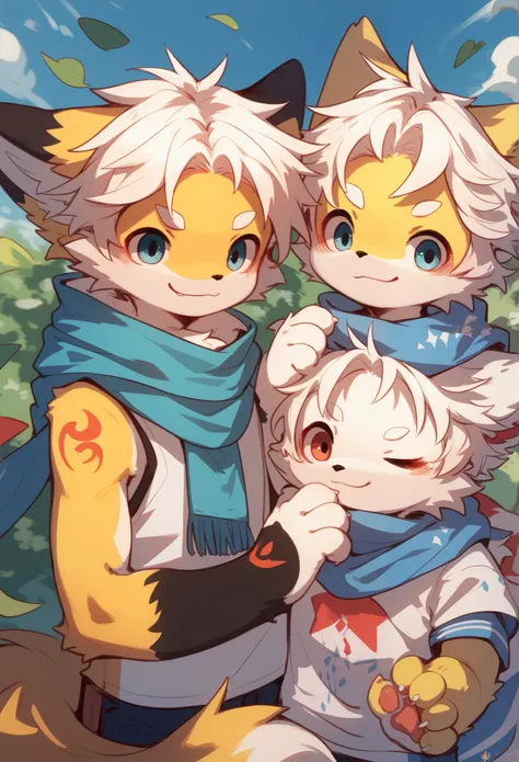  Fox Boy ，furry boy， toddlers， white hair ， yellow skin，White Arm，scarf，Medium Edelweiss ，