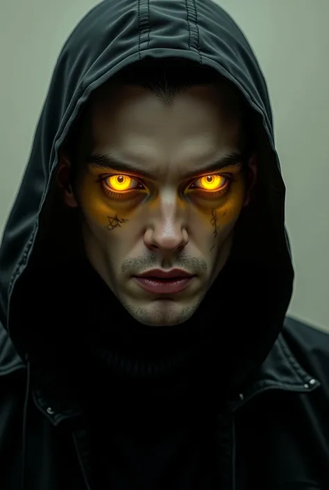 there is a man with a black jacket and yellow eyes, a hyperrealistic painting inspired by Adam Dario Keel, tumblr, hyperrealism, his eyes glowing yellow, he has yellow wolf eyes, yellow eyes, yellow eye, with glowing yellow eyes, piercing glowing eyes, yel...