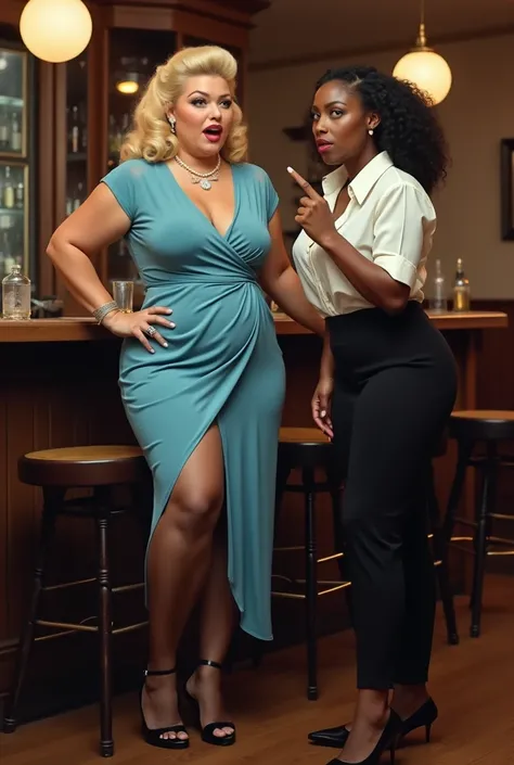 1950s style picture, Blonde BBW chunky curvy fat woman  in her 30s  dressed in see thru blue wrap dress, black nylon stockings, black strappy high heels, pearl necklce, diamond ring, gold bracelts and hoops ear rings, stands in bar with disgusted expressio...