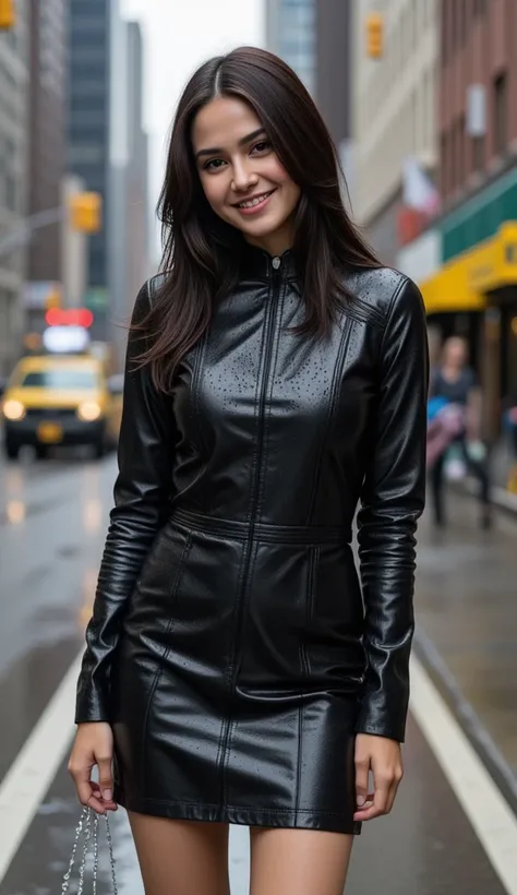 A young slender woman stands confidently in the midst of a bustling cityscape, her full figure posed proudly as she wears a long sleeves leather dress that clings to her body, glistening with raindrops. Her skin is radiant and wet, with droplets of water d...