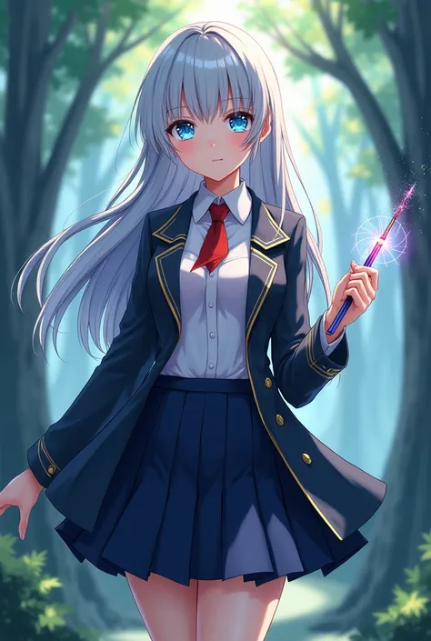 "An anime girl in the style of Zero no Tsukaima, with long silver hair, large bright blue eyes, delicate features, and a captivating expression. She is busty, with balanced and realistic proportions for the anime style. She is wearing the classic Tristain ...