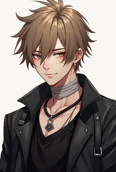 Masterpiece,1BOY, Solo, simple background, looking at viewer, light smile, metal necklace, kakuran, bandage, black pants, troublemaker, yankee, accessories, two-tone hair color with light brown, unique hairstyle, black shirt and leather jacket