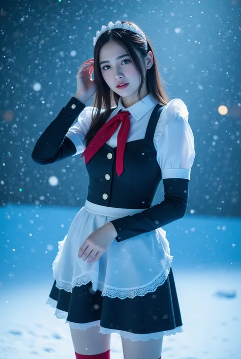 In this 8k RAW masterpiece, a young woman stands amidst a serene snowfall, surrounded by delicate snowflakes and misty atmosphere. Her maid outfit the flowing skirt, while a bold crimson tie and tights add a striking pop of color against the snowy backdrop...