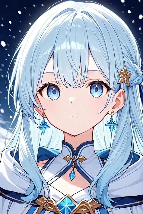  light blue hair、Earrings、 girl 、 Wizard、 Wizardの杖、 expressionless 、snow、ice、 long hair