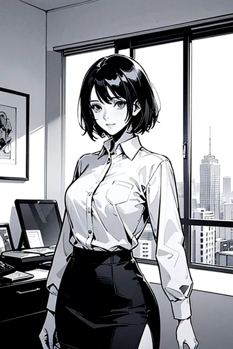 Line drawing, manga style, black and white, monochrome, clean smooth lines, masterpiece, one woman, white long sleeve business shirt, tight skirt, short hair, ((business shirt)), black hair, apartment interior, 30 years old