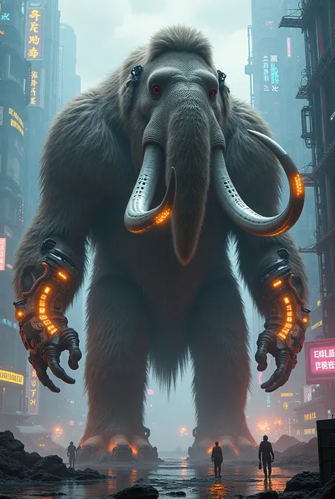 A massive woolly mammoth, (photorealistic:1.4), [high-quality], extremely detailed, intricate, (epic, cinematic:1.2), with glowing robotic mechanical limbs and weapons, [dramatic], imposing, towering over a futuristic cityscape, (cyberpunk, science fiction...