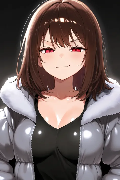 1 girl, Brown hair, red eyes, black shirt, grey puffy jacket, medium hair, tall, jean, medium breasts, smug, shiny skin