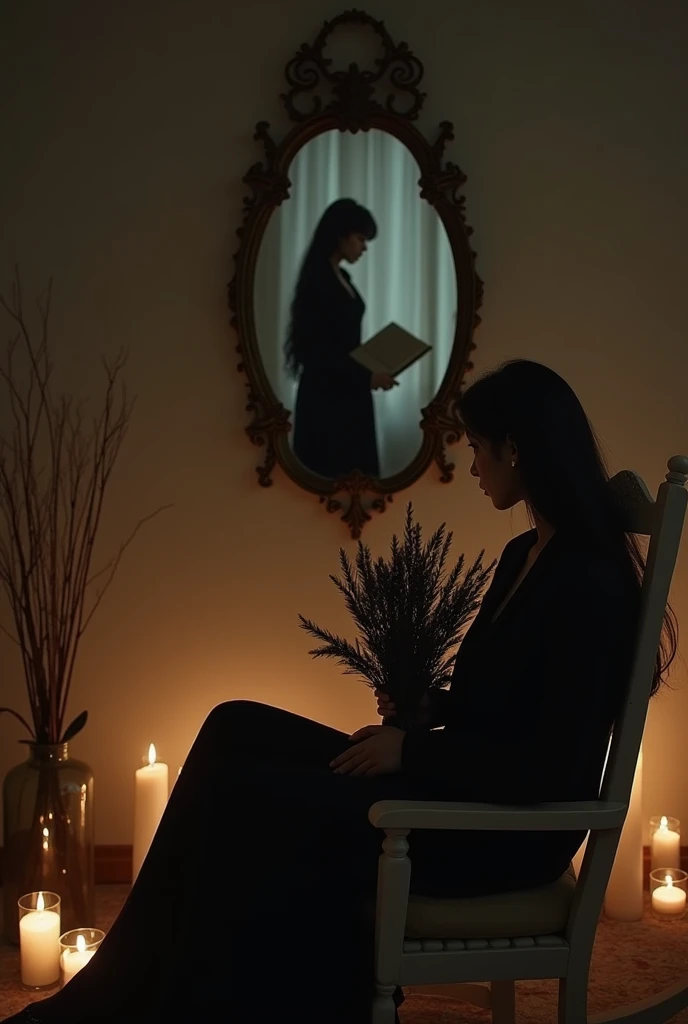 there is a hanging mirror and inside it there is a beautiful Korean woman with long hair wearing a black dress, holding black flowers, there is a book and it is floating open, Taehyung is sitting in a rocking chair wearing formal black clothes, there are l...