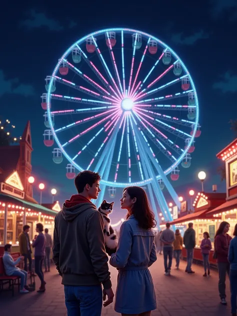 America、夜のniceな遊園地、beautiful ferris wheel、 cute kitten、Real Image、 greatest masterpiece in history、Real Image、nice、human male female couple、Bright image、