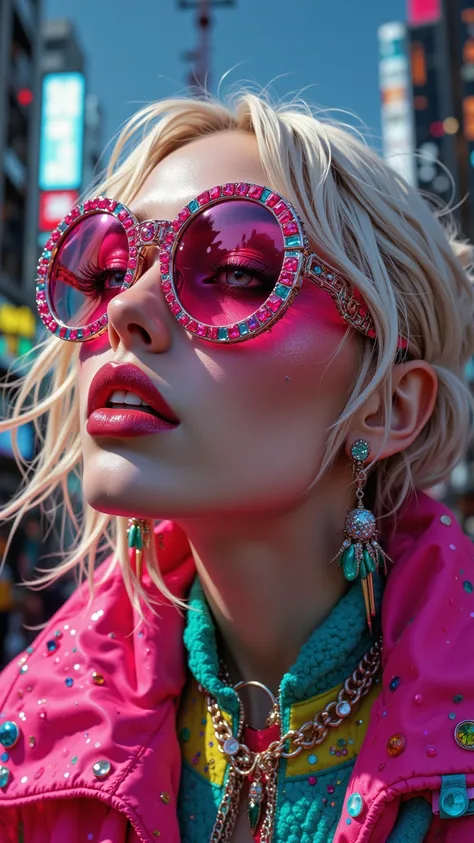 32K, masterpiece,  top quality, (  Beautiful Korean Women )  from above, High Angle,  Extreme Closeup,  Vivid Colorful Fashion Portraits ,  platinum blonde hair ,  Dramatic Oversized Rhinestone Sunglasses ,  Neon Pink Eyeshadow ,  glossy lips,  Turquoise a...