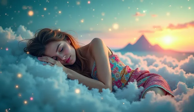 A vibrant and colorful surreal scene depicting a young woman with long hair dressed in a bohemian style, sleeping peacefully on a soft cloud. The atmosphere exudes grassic energy with glowing hues of blue, green, and pink blending harmoniously. The backgro...