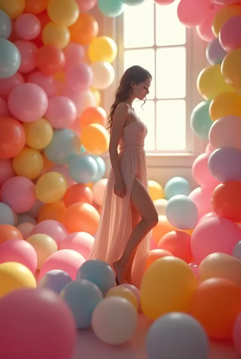 A woman should be in a room filled with 200 balloons, Step on a balloon with your right foot 