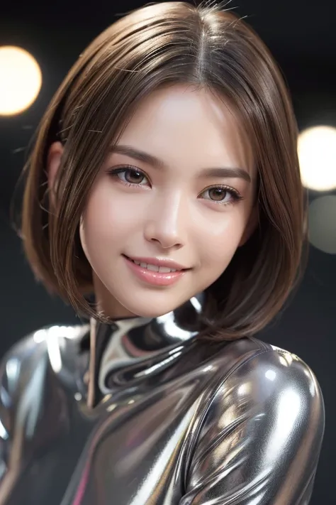 ((Best Quality, Realistic, 8k, High resolution)), Face close-up、One girl, (Skin Dentition), (Professional Lighting), ( (short hair:1), ((looking at viewer:1.5)), Perfect Proportions, (bokeh), Calves are plump and muscular, Bending Geometry, Very detailed s...