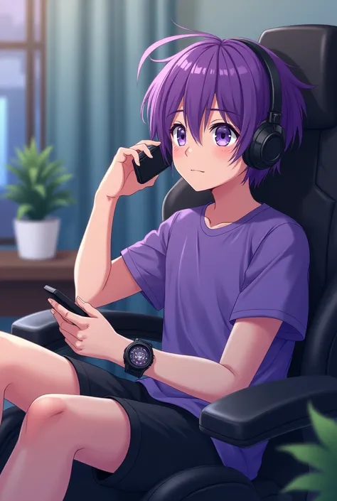 Draw an anime picture of me, a  boy, wearing a purple shirt, black shorts, no underwear, purple hair, black sports watch, sitting on a black gaming chair or in bed listening to music 