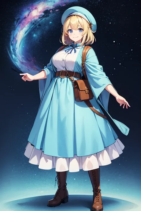  anime picture for TRPG、 full body portrait、Background blank、Curvy woman about 28 years old, about 165 cm tall, wearing a light blue poncho, long brown skirt, and hat, looking up at the sky、 boots、 smiling with her mouth closed 、 blue eyes、The hairstyle is...