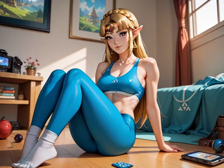 Zelda (from the videogame The Legend of zelda), slim body, wearing a blue sports-bra, wearing blue leggings, wearing white socks over the leggings, sitting on the floor, focus on her feet, in a sunny japanese livingroom, look into the camera