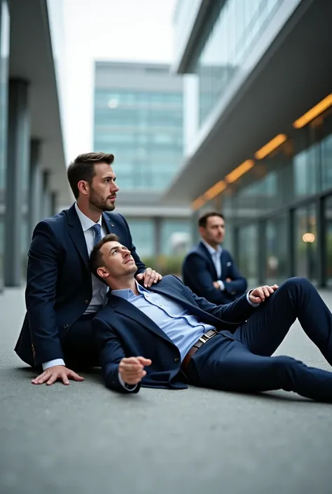 A businessman in a suit lies with his ear to the ground and listens. A second businessman sits next to him and asks the first what he hears.