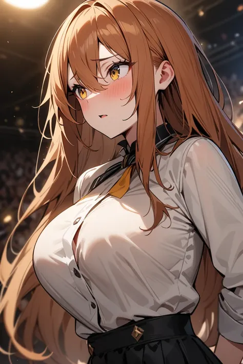  masterpiece ,best quality , high resolution , 1girl, orange brown hair,  yellow eye,  long hair,  Bangs Between Eyes ,large breasts ,slut, clothed , voyeurism, stage, looking away