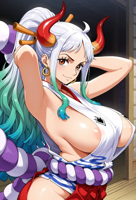 high resolution picture, masterpiece, best quality, amazing quality, official art, solo, 1girl,  Yamato  from  One Piece, 1girl, yamato, ahoge, aqua hair, brown eyes, curled horns, earrings, green hair, grey hair, hair ornament, hair stick, high ponytail, ...