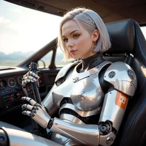 This is a semi-protective armored robot，Semi-open cockpit， Seated silver haired girl is operating ，Robot Arm Holding Firearms