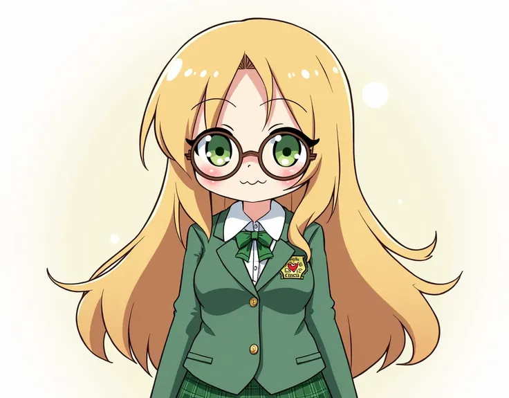 When humans draw comics, they say black and white is fine　 anime picture for TRPG　　(Glasses:1.5)、　　(masterpiece), (best quality), （金髪 long hair）　 high school girl　kawaii　Science,  asymmetrical bangs that grab the chest　checked green skirt 　Green blazer　Gre...