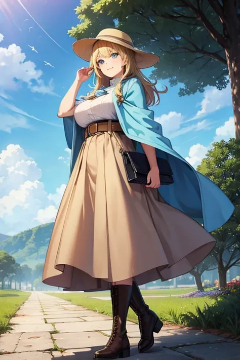  anime picture for TRPG、 full body portrait、Background blank、Curvy woman about 28 years old, about 165 cm tall, wearing a light blue poncho, long brown skirt, and hat, looking up at the sky、 boots、 smiling with her mouth closed 、 blue eyes、The hairstyle is...