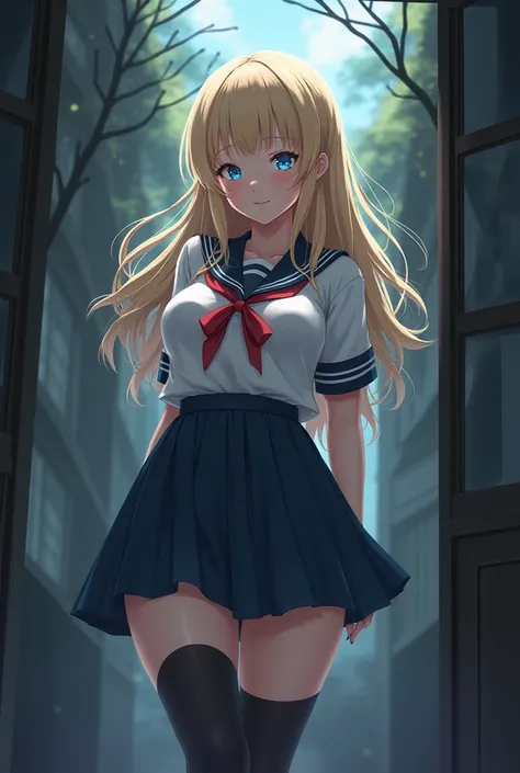 Chuca blonde with a missing sexy schoolgirl who is full-bodied with knee-length stockings with nice anime waist

