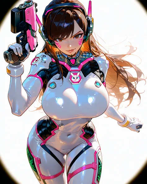        8k wallpaper、masterpiece、 top quality high quality           、  absurd,  Latest,               female 1 person、gun,arms,d.,(  overwatch  ),  gloves,  long hair,Facial Pattern,  BODYSUIT,  pilot suit,  Hair,white   gloves,    headphones  ,  brown eye...