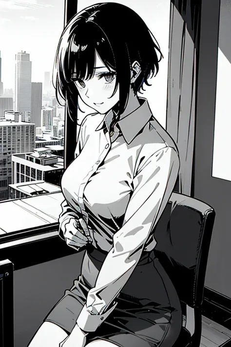 Line drawing, manga style, black and white, monochrome, clean smooth lines, masterpiece, one woman, white long sleeve business shirt, tight skirt, short hair, ((business shirt)), black hair, apartment interior, 30 years old