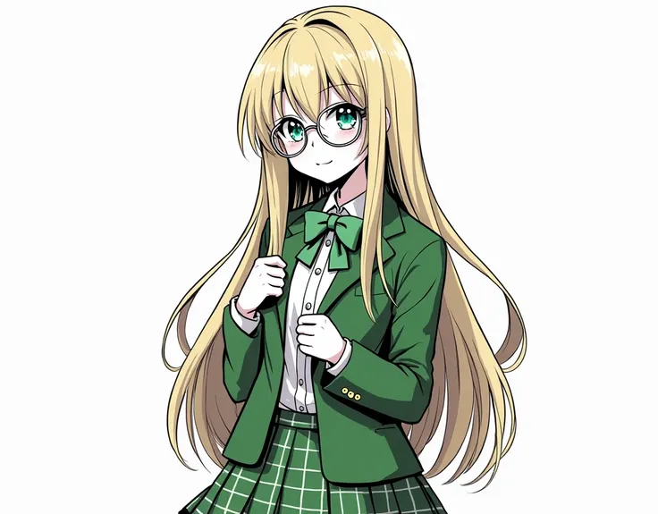 When humans draw comics, they say black and white is fine　Black and white cartoon style　　(Glasses:1.5)、　　(masterpiece), (best quality), （金髪 long hair）　 high school girl　kawaii　Science,  asymmetrical bangs that grab the chest　checked green skirt 　Green blaz...