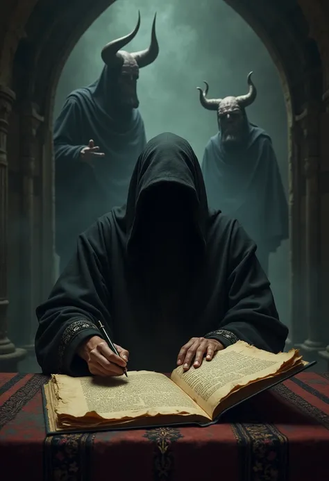 An Arab scribe writing the Necronomicon in a book with sheets of parchment . gloomy atmosphere.  In the background his thoughts are represented in the form of Lovecraftian creatures