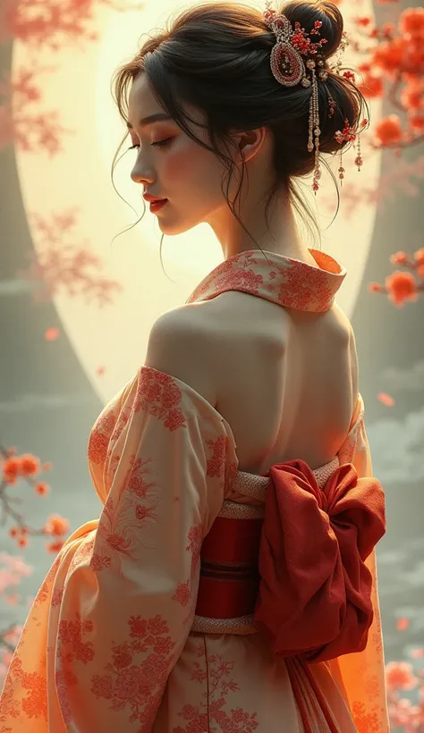 (( top quality)),(( high definition)),(( high resolution)),( Details),A beautiful Japanese woman who looks like a goddess, Bust,C Cup, realism,smile,I'm looking at a beautiful woman in a kimono from behind