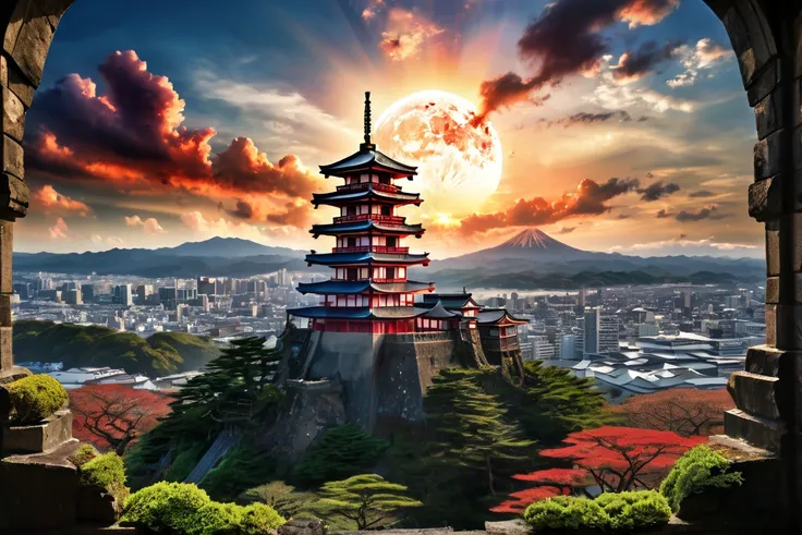  top quality,  face focus,  soft light,  super high resolution, ( pictures realistic:1.4),  RAW photos , Earth, Japanese Castle,Harmony between nature, destruction and creation ,Earth image ,dark, surreal,Blood,sunset,The Universe and God, Stained Glass,Th...