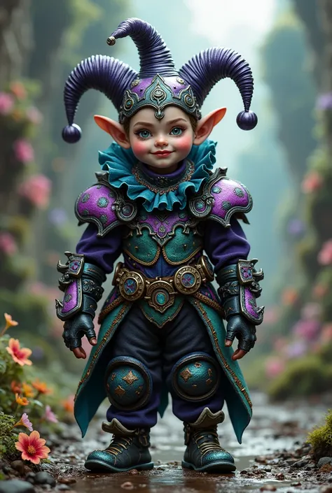 Halfling in black purple green and blue clown armor