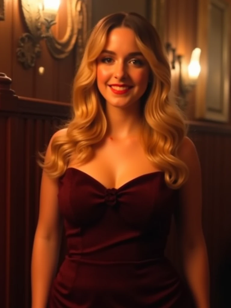 beautiful detailed photograph, blonde hair cascading over her shoulders, wearing a boat neck dress, standing in romantic restaurant looking at the viewer, smile, large breasts