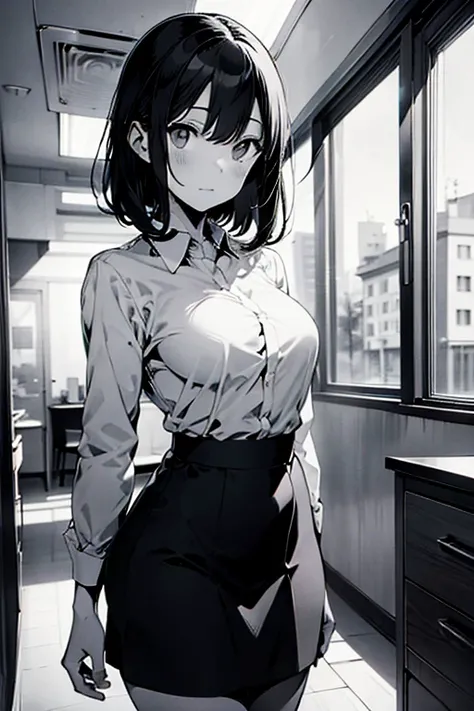 Line drawing, manga style, black and white, monochrome, clean smooth lines, masterpiece, one woman, white long sleeve business shirt, tight skirt, short hair, ((business shirt)), black hair, apartment interior, 30 years old