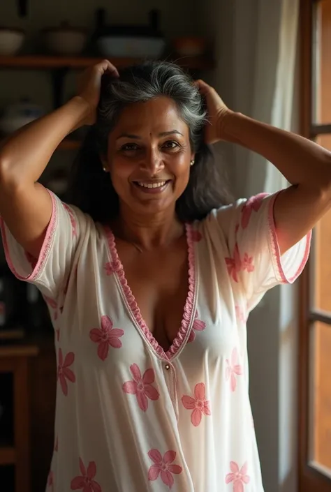 full body of a 55 year old South Indian dusky mature milf  as old  chubby aunty voluptuous woman with long, flowing salt-and-pepper very Curley hair cascading gracefully over her shoulders is making intimate love with a boy in her kitchen. the woman has bl...