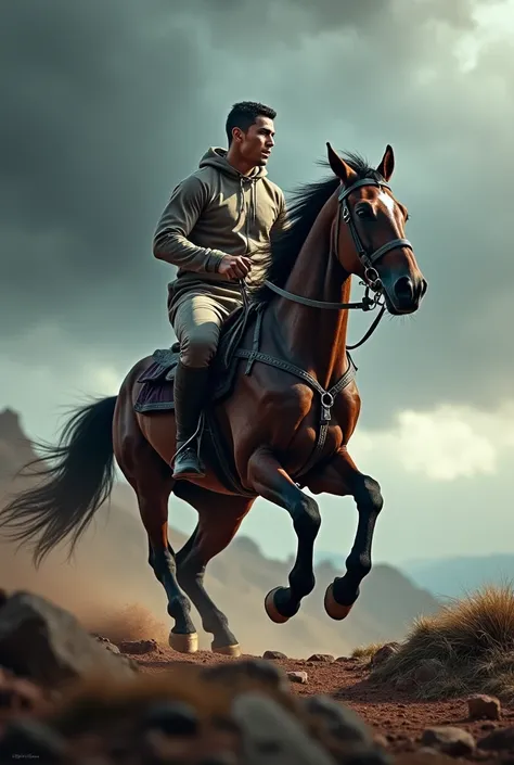 An epic scene featuring Cristiano Ronaldo, dressed in athletic gear, riding a powerful, muscular horse across a dramatic landscape. Ronaldo, with his characteristic determination and focus, is expertly controlling the horse, which charges through rugged te...