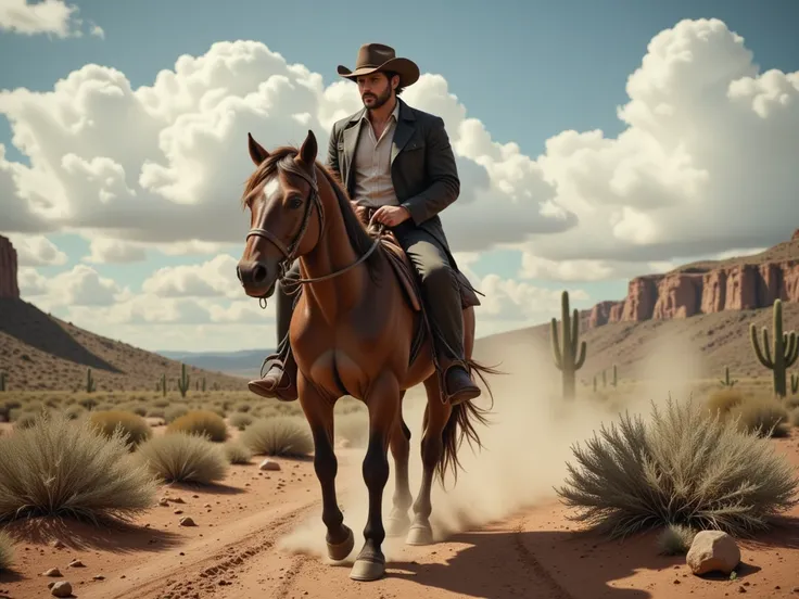 sfw:1.4, a rude cowboy riding his horse, In the Wild West , Desert, cactus,  best quality, ultra-detallado, photorealistic ,  cinematic lighting ,  dramatic shadows ,  warm color palette ,  intricate details , beautiful skin texture ,  windswept hair ,  in...