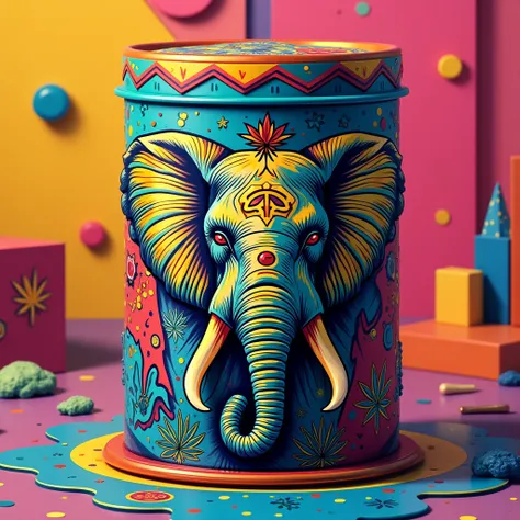 A cannabis box with an elephant emblem on it,  pop art style 